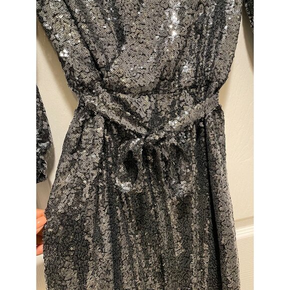 XOXO Black Cocktail Dress With Silver Sequins V-neck & Belted Waist Size Small - Picture 3 of 5
